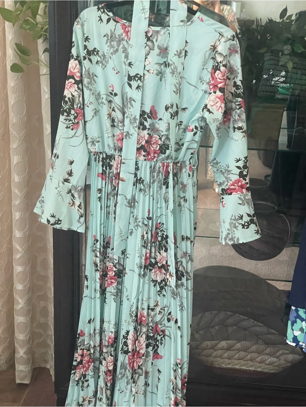 Chinese Laundry Mint Blue Floral Pleated Maxi Dress with Pink Roses